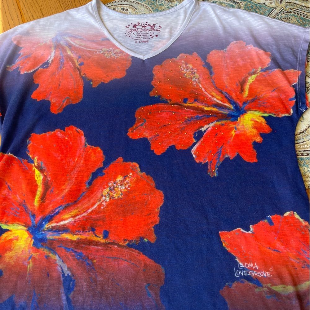 Leoma Lovegrove Floral V-Neck Top Red and Blue Tropical beaded - Picture 6 of 11